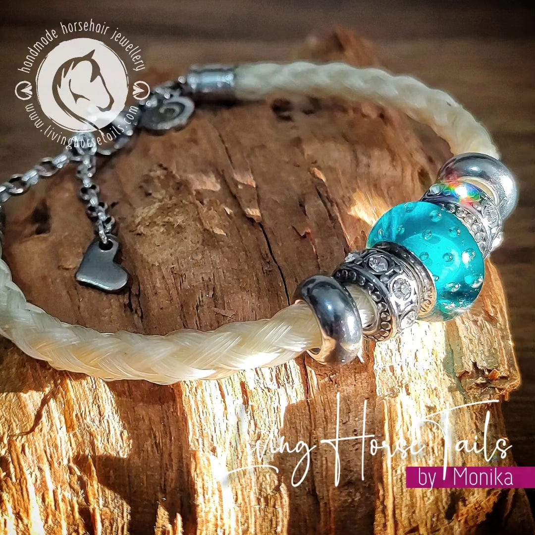 Living Horse Tails Blue / Teal Glass Bead Horsehair Braid Bracelet in your choice of tail colour Custom jewellery Monika Australia horsehair keepsake
