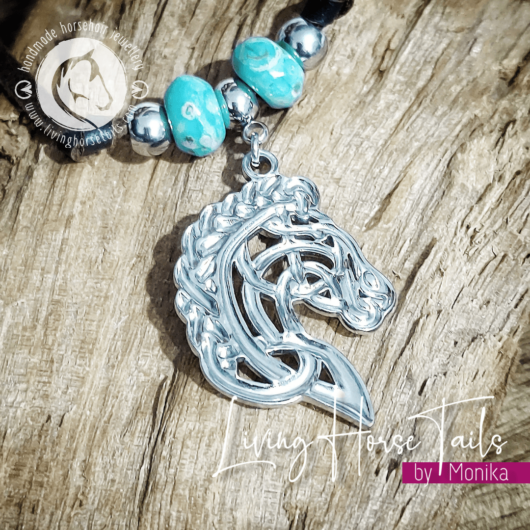 Living Horse Tails Boho Celtic Horse Leather Necklace with Turquoise & Silver look Beads Custom jewellery Monika Australia horsehair keepsake