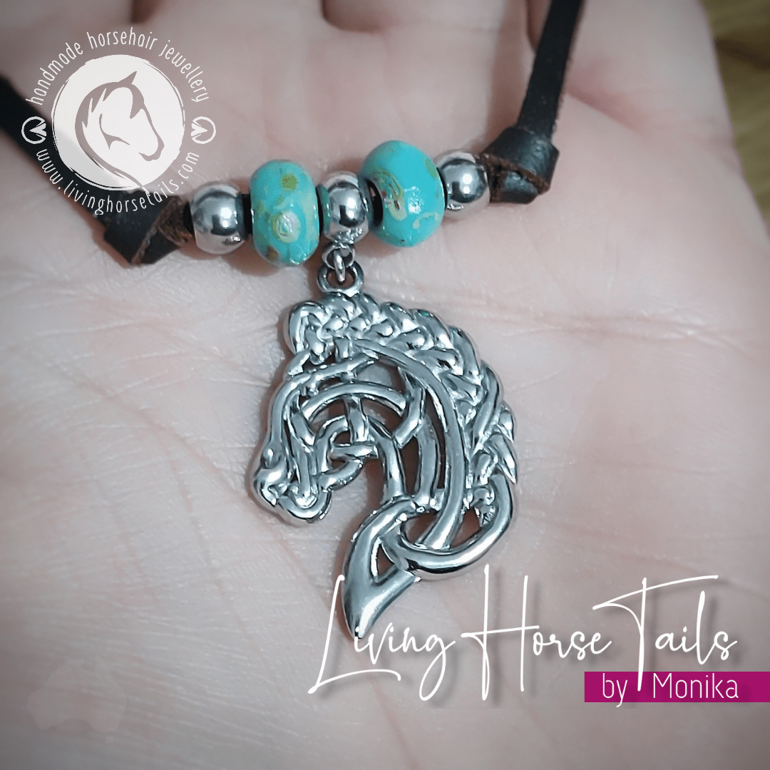 Living Horse Tails Boho Celtic Horse Leather Necklace with Turquoise & Silver look Beads Custom jewellery Monika Australia horsehair keepsake