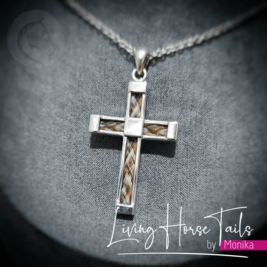 Living Horse Tails Crucifix Cross Pendant inlaid with Horse Hair in Gold or Silver Custom jewellery Monika Australia horsehair keepsake