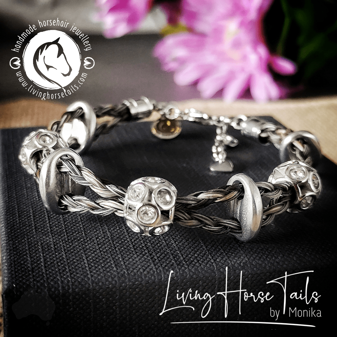 Living Horse Tails Double Strand Braided Horsehair Bracelet - Silver Custom jewellery Monika Australia horsehair keepsake