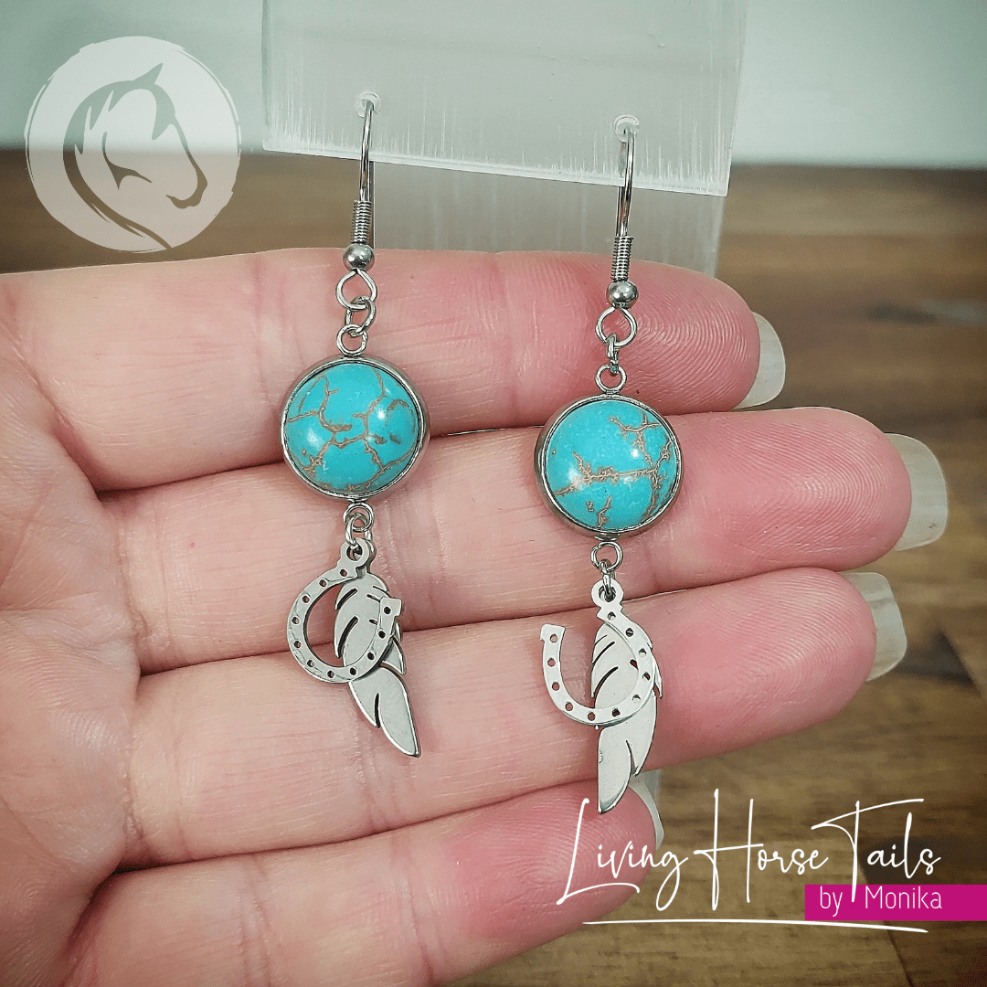 Living Horse Tails Horseshoe, wings and Turquoise Earrings Custom jewellery Monika Australia horsehair keepsake