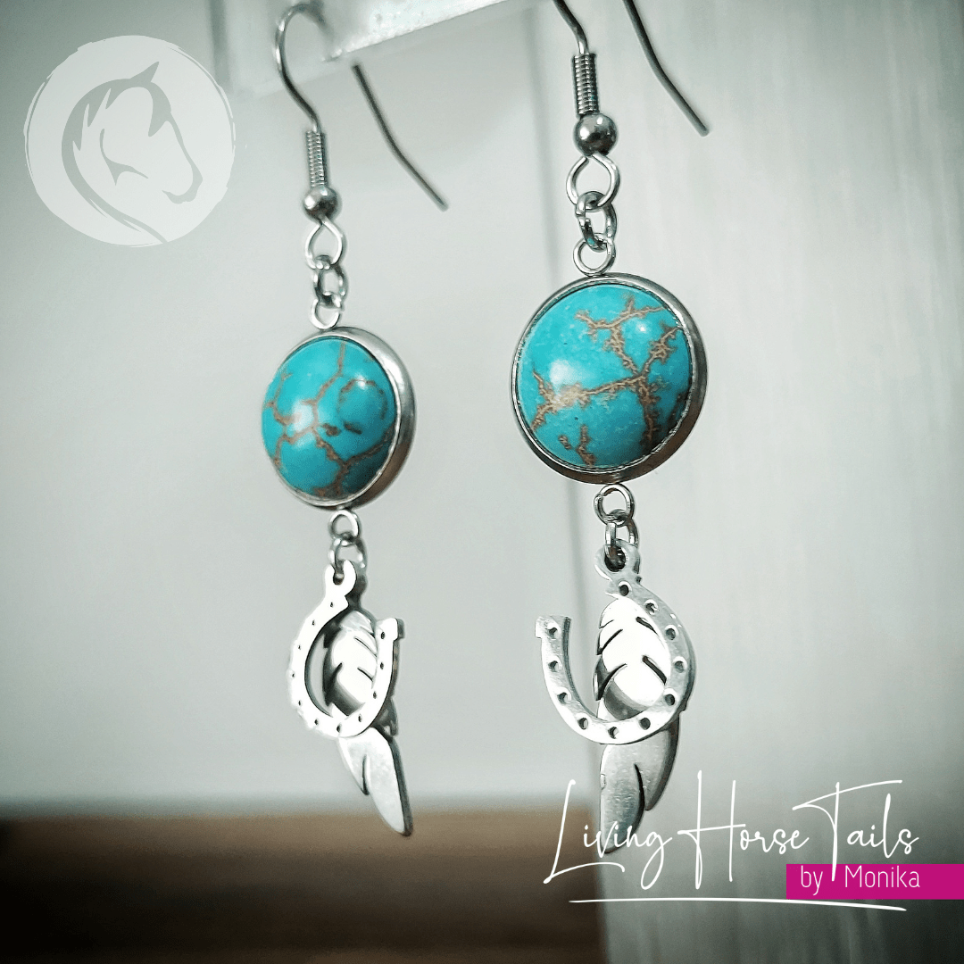 Living Horse Tails Horseshoe, wings and Turquoise Earrings Custom jewellery Monika Australia horsehair keepsake