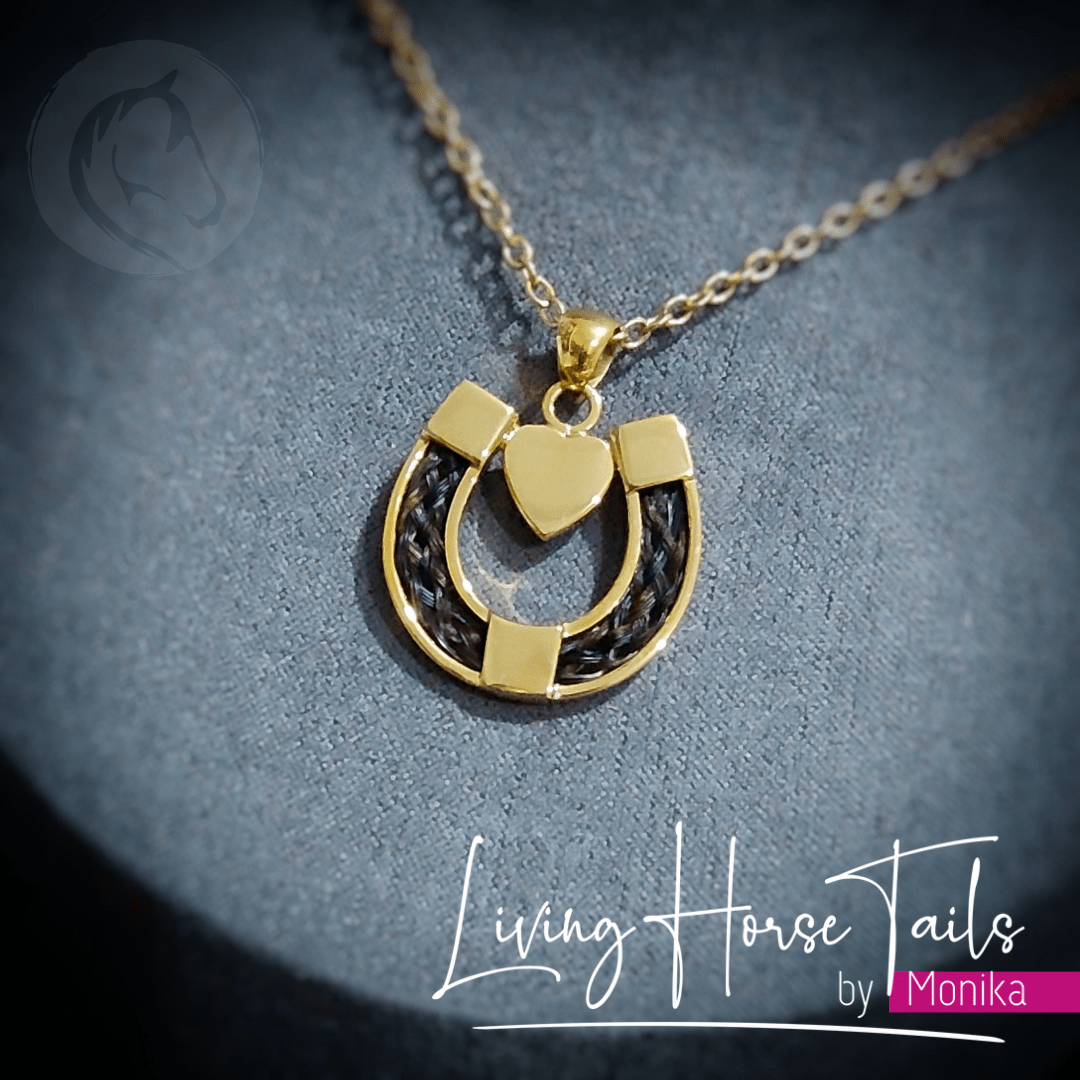 Living Horse Tails Horseshoe with Heart Pendant inlaid with Horse Hair Braid Custom jewellery Monika Australia horsehair keepsake