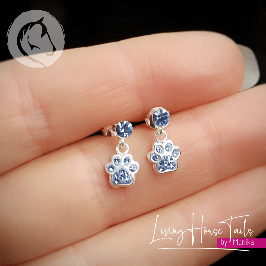 Living Horse Tails Sterling Silver and Crystal Paw Earrings (Dangle Posts) Custom jewellery Monika Australia horsehair keepsake