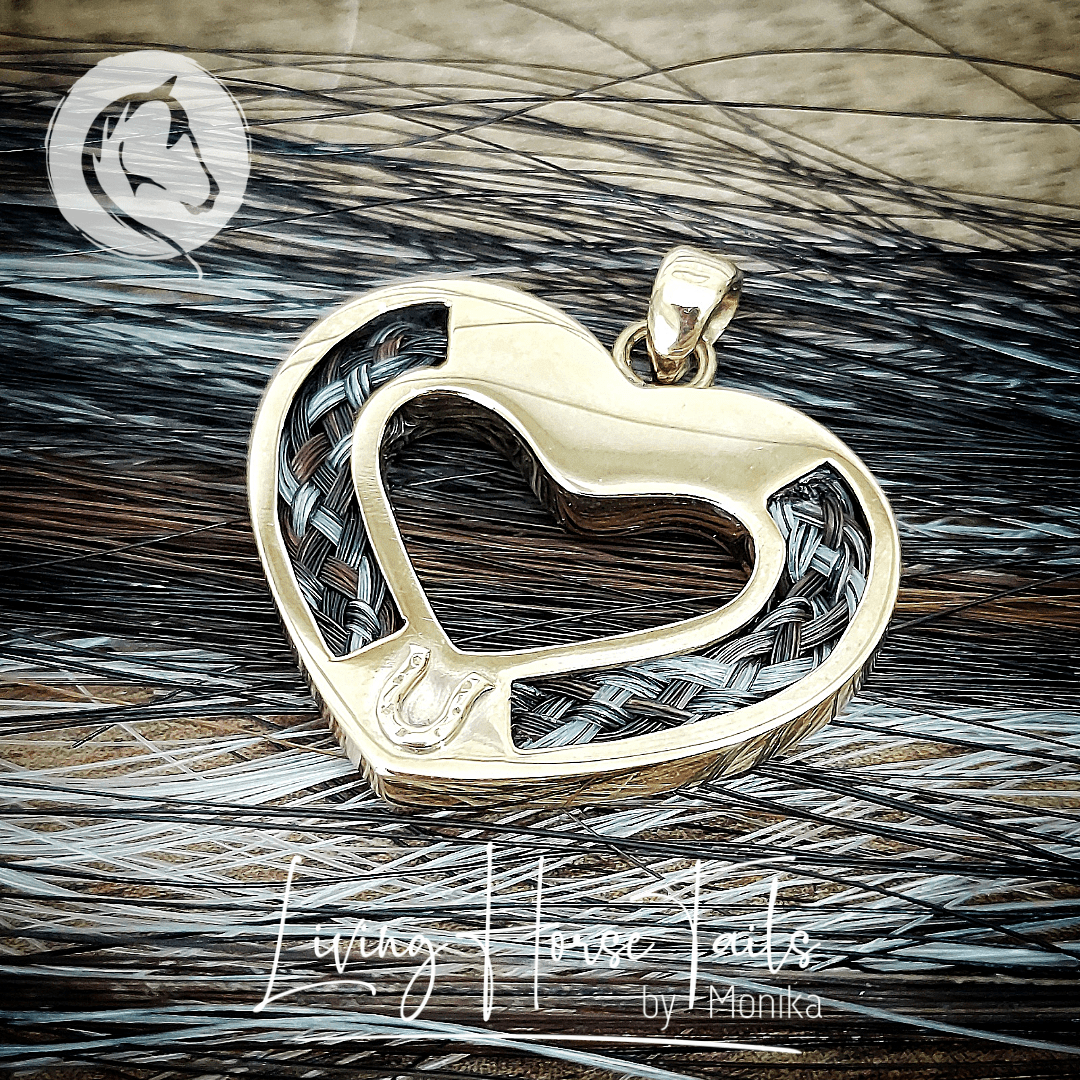 Living Horse Tails Sterling Silver Heart and Horseshoe Pendant inlaid with Horsehair Braid Custom jewellery Monika Australia horsehair keepsake