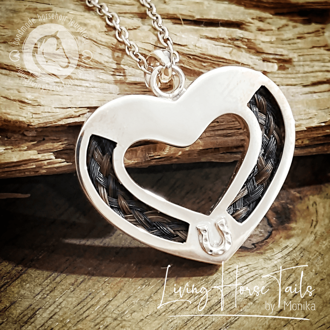 Living Horse Tails Sterling Silver Heart and Horseshoe Pendant inlaid with Horsehair Braid Custom jewellery Monika Australia horsehair keepsake