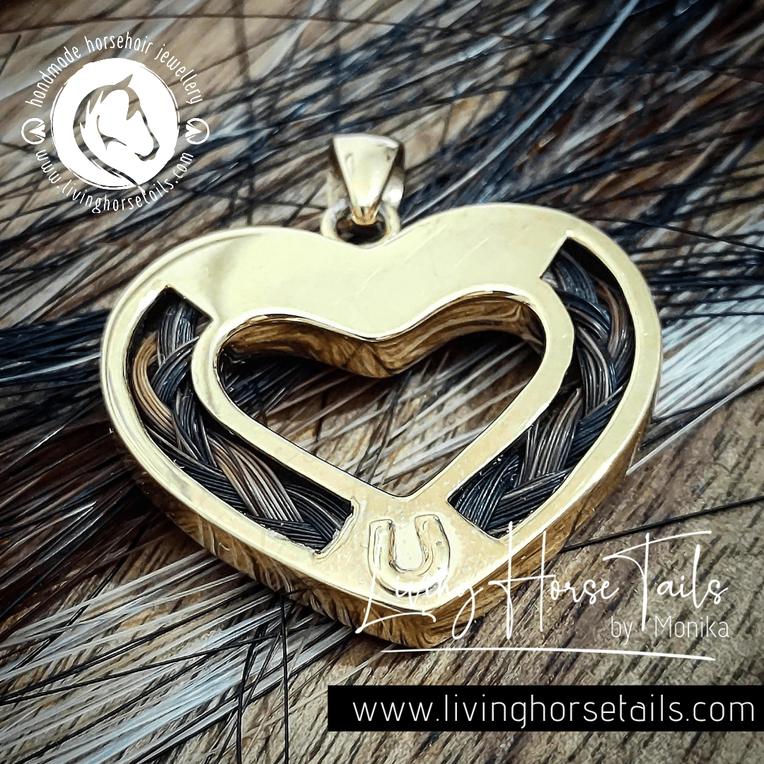 Living Horse Tails Sterling Silver Heart and Horseshoe Pendant inlaid with Horsehair Braid Custom jewellery Monika Australia horsehair keepsake