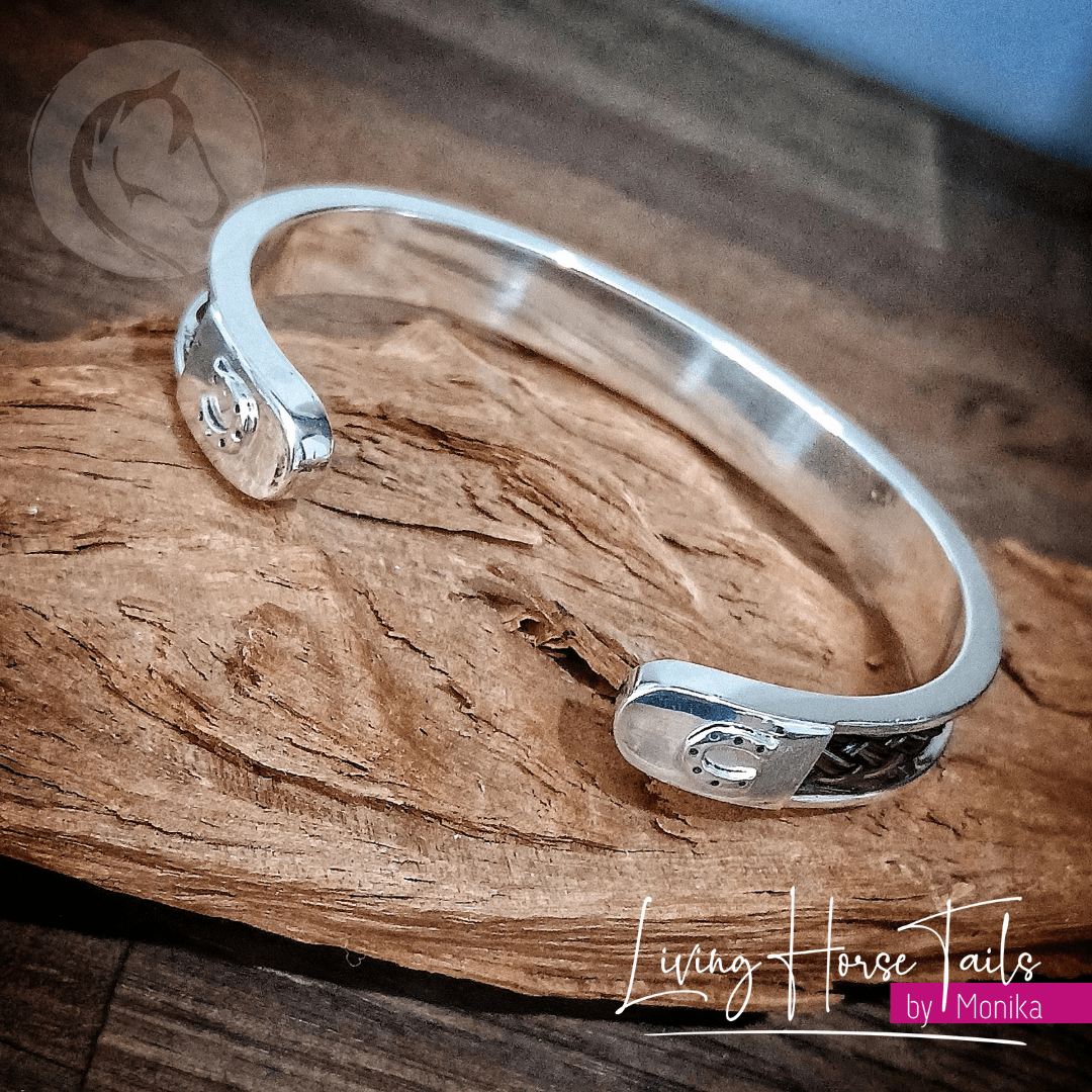 Living Horse Tails Sterling Silver Horsehair Braid Inlaid Cuff / Bangle with Horseshoe detail Custom jewellery Monika Australia horsehair keepsake