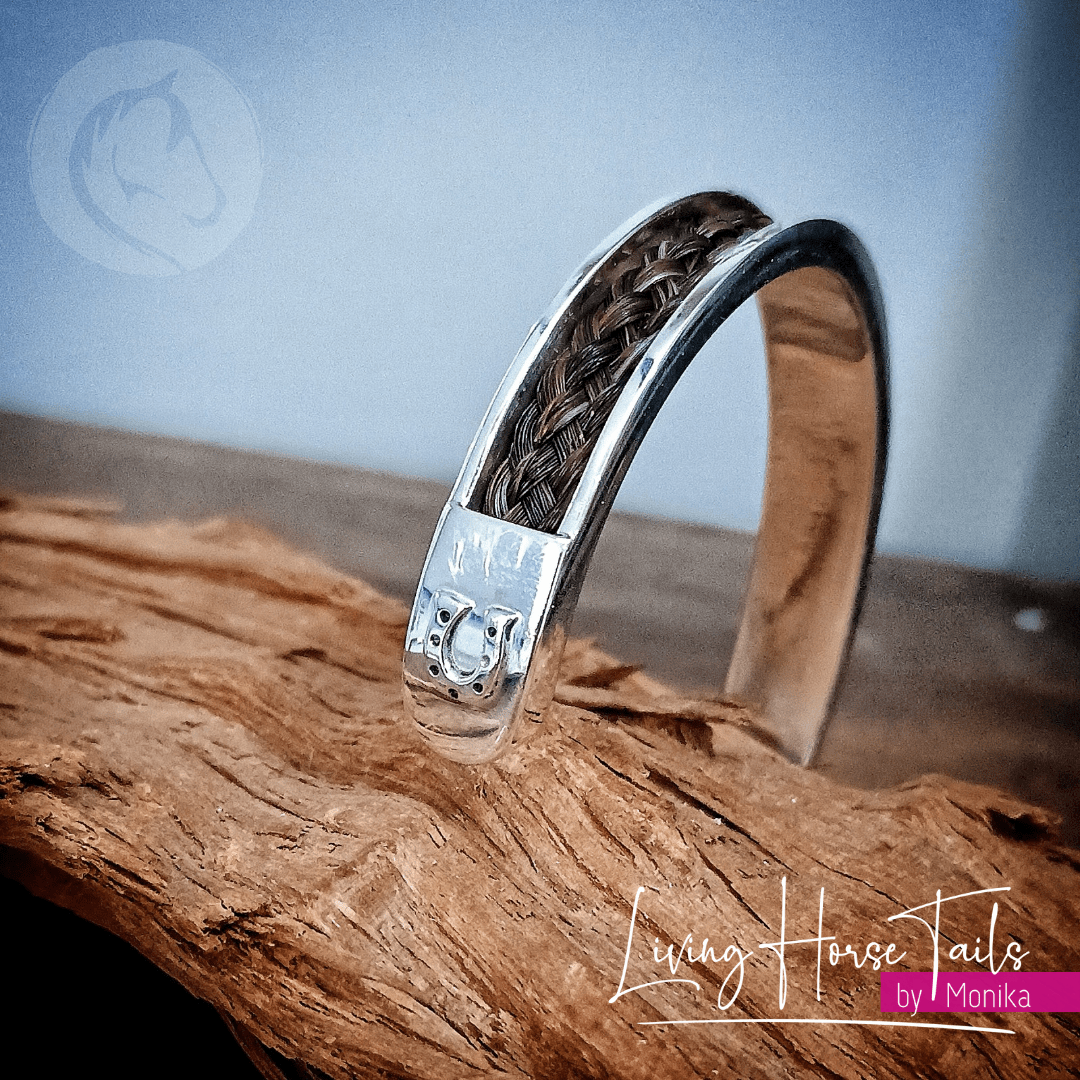 Living Horse Tails Sterling Silver Horsehair Braid Inlaid Cuff / Bangle with Horseshoe detail Custom jewellery Monika Australia horsehair keepsake