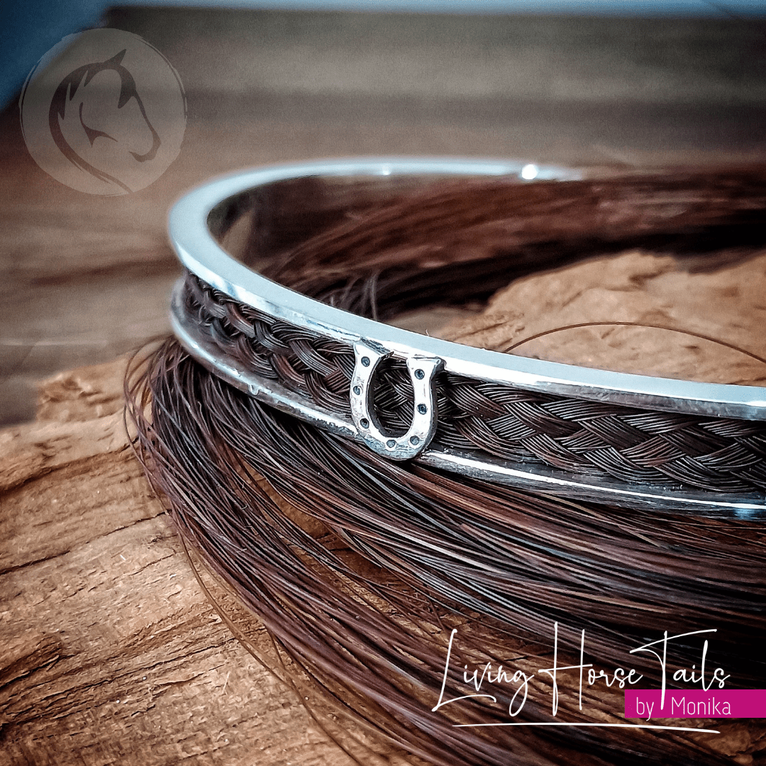 Living Horse Tails Sterling Silver Horsehair Braid Inlaid Cuff / Bangle with Horseshoe detail Custom jewellery Monika Australia horsehair keepsake