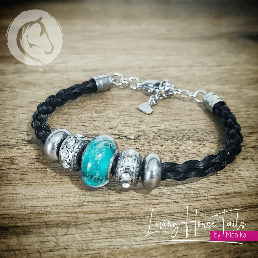 Living Horse Tails Teal Glass Bead Horsehair Bracelet Custom jewellery Monika Australia horsehair keepsake