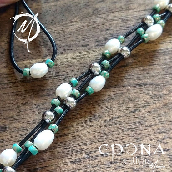 Epona Creations | by Monika - Jewellery and Design Freshwater Pearl and Sea Green Glass Beaded Leather Bracelet Custom jewellery Monika Australia horsehair keepsake