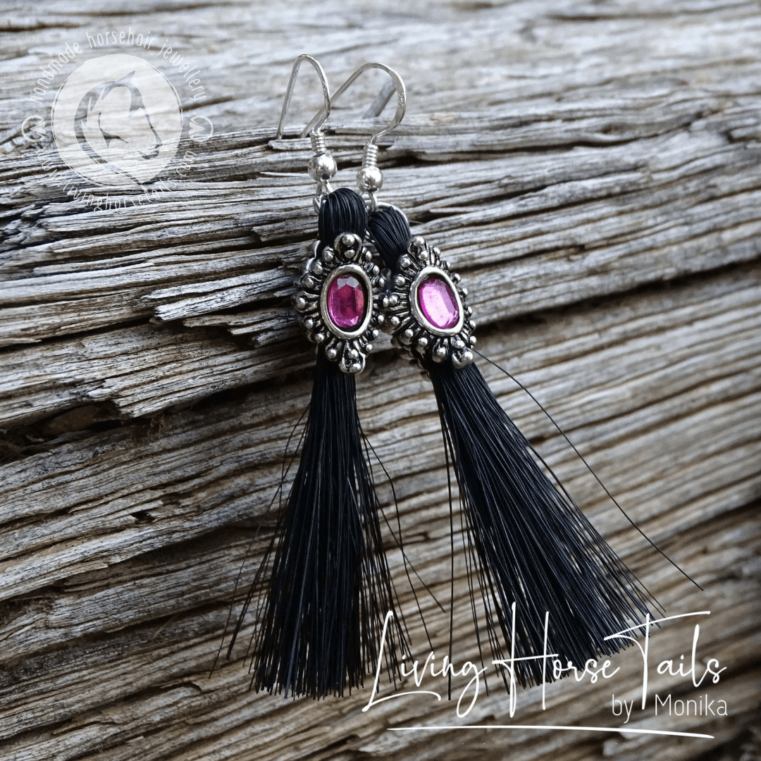 Living Horse Tails Bling Rhinestone Horse Hair Tassle Earrings - Fuchsia. Made using real horsehair. Custom jewellery Monika Australia horsehair keepsake