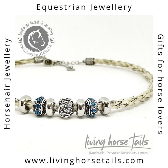Living Horse Tails Blue Rhinestone Bead Horsehair Braid Wrap Bracelet / Choker with Chain and Clasp Custom jewellery Monika Australia horsehair keepsake