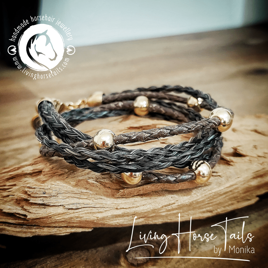 Living Horse Tails Boho Gold Style Equestrian Horsehair and Leather Braided Wrap Bracelet made with horse hair Custom jewellery Monika Australia horsehair keepsake