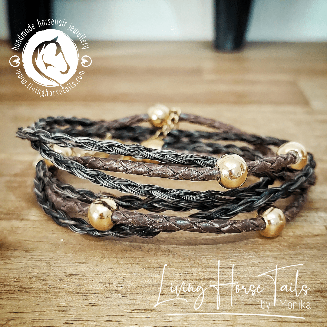 Living Horse Tails Boho Gold Style Equestrian Horsehair and Leather Braided Wrap Bracelet made with horse hair Custom jewellery Monika Australia horsehair keepsake