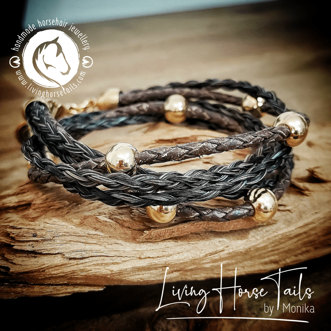 Living Horse Tails Boho Gold Style Equestrian Horsehair and Leather Braided Wrap Bracelet made with horse hair Custom jewellery Monika Australia horsehair keepsake