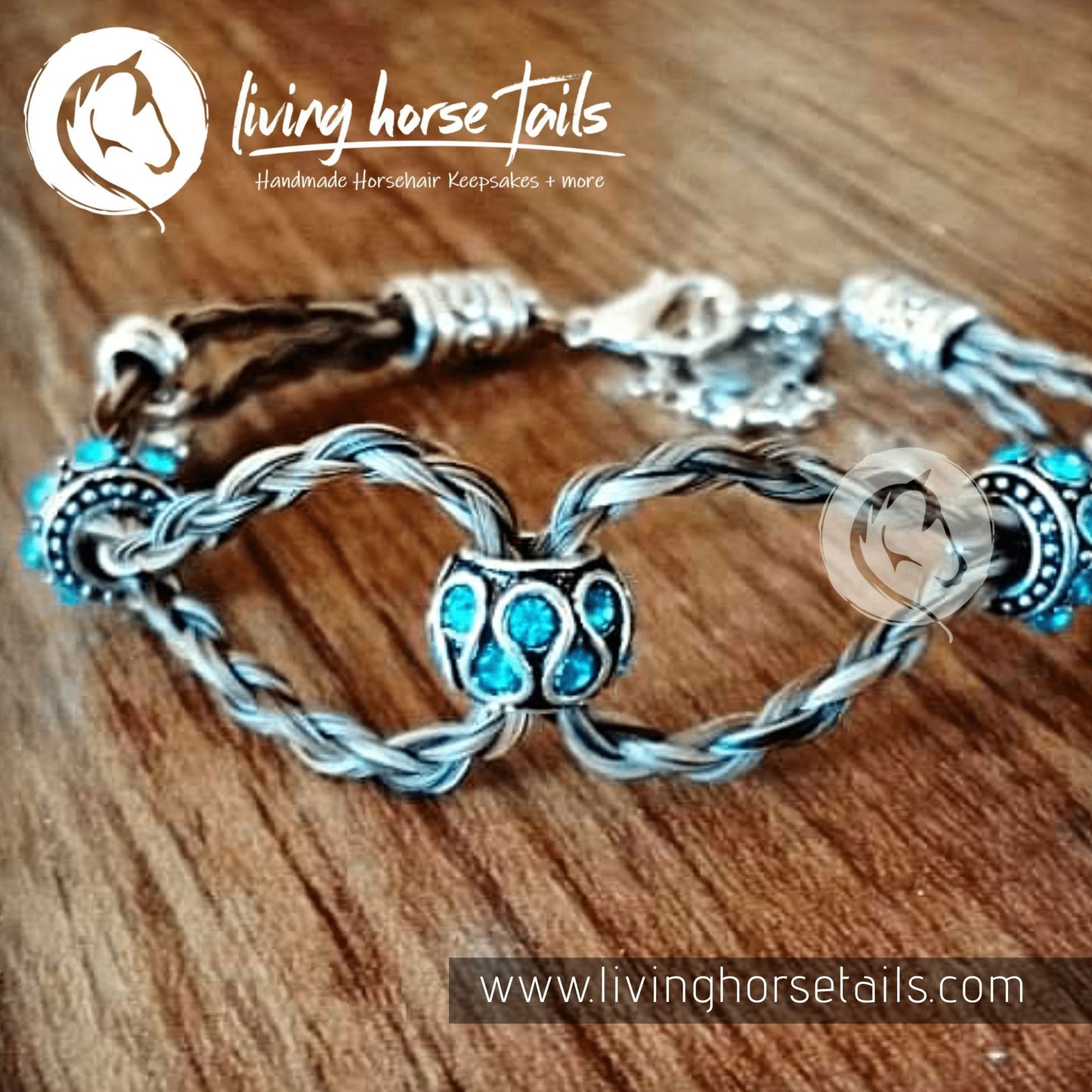 Double Looped Braided Horsehair Bracelet with Blue Bead using Horse Tail Hair Grey as pictured - stock hair Living Horse Tails Handmade Jewellery Custom Horse Hair Keepsakes Australia