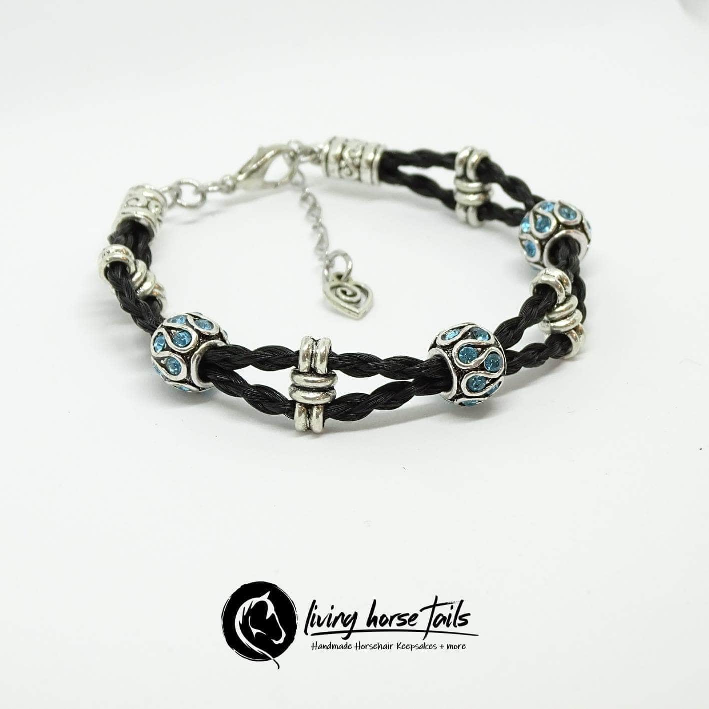 Double Strand Braided Horsehair Bracelet with Blue Bead using Horse Hair Black as pictured - Use stock hair BRAC-014 Living Horse Tails Handmade Jewellery Custom Horse Hair Keepsakes Australia