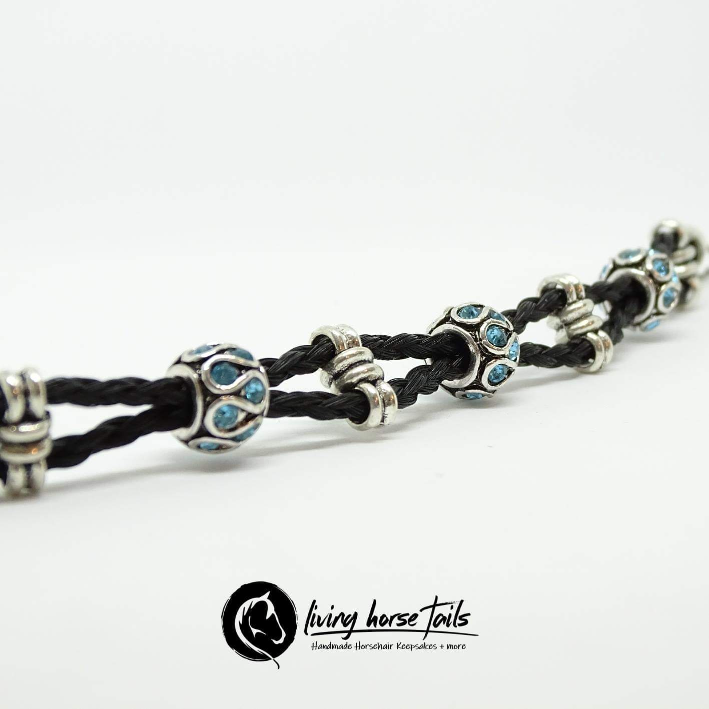 Living Horse Tails Double Strand Braided Horsehair Bracelet with Blue Bead using Horse Hair Custom jewellery Monika Australia horsehair keepsake