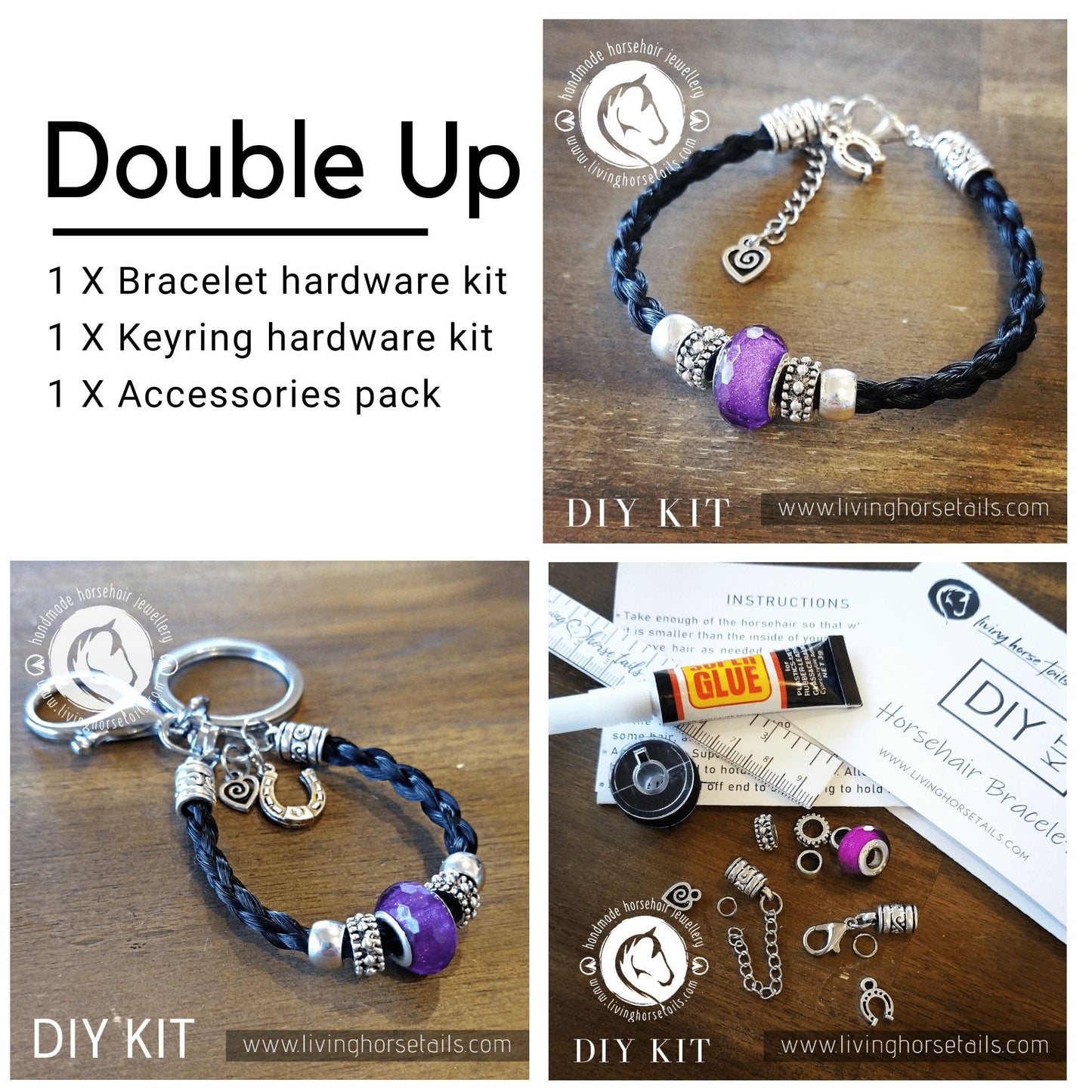 Double Up Kit - Make Your Own Horsehair Bracelet and Key Ring BONUS BEADS + CHARM Living Horse Tails Handmade Jewellery Custom Horse Hair Keepsakes Australia