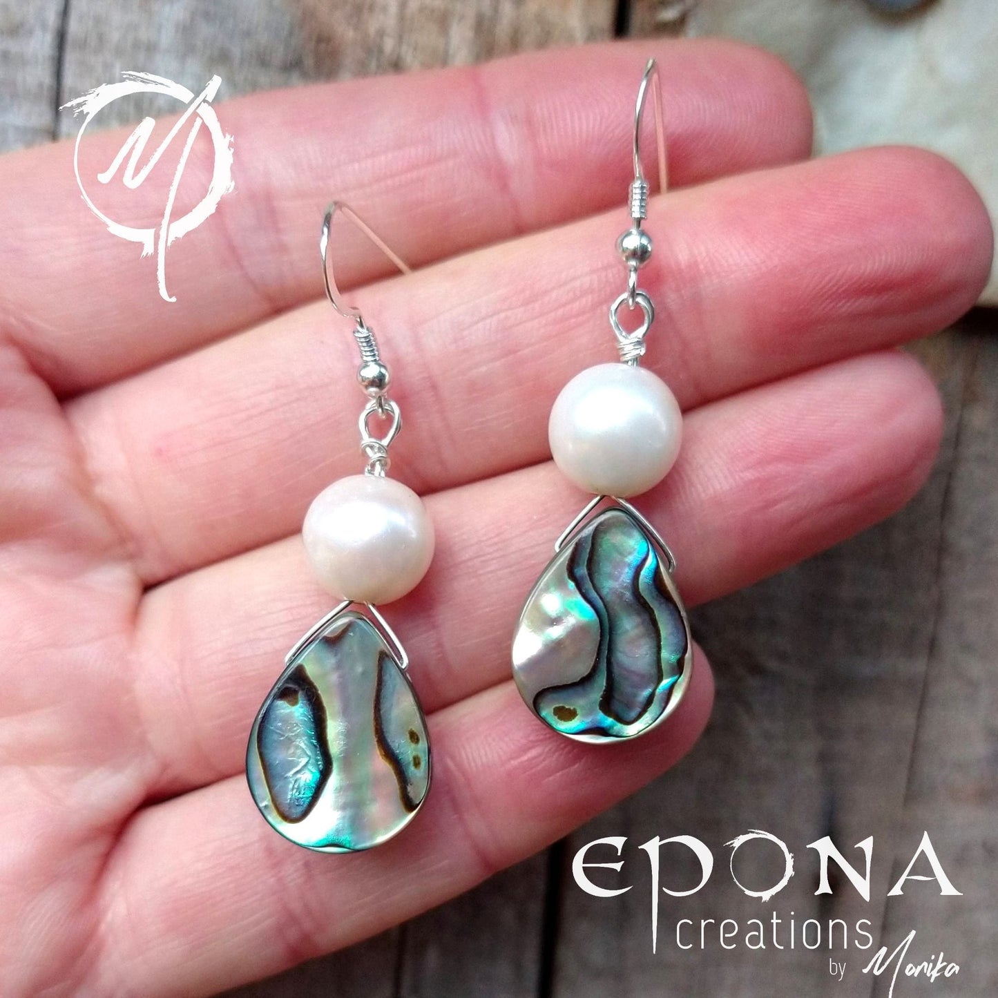 Living Horse Tails Freshwater pearls and Paua shell silver earrings Custom jewellery Monika Australia horsehair keepsake