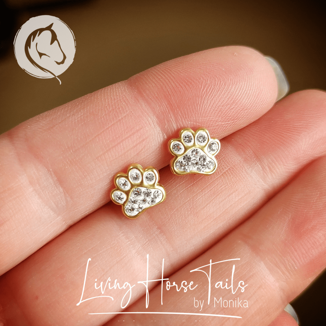 Living Horse Tails Gold plated Sterling Silver and Crystal Paw stud earrings Custom jewellery Monika Australia horsehair keepsake