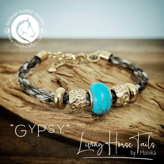 Living Horse Tails "Gypsy" Stainless Steel Gold and Turquoise Coloured Horsehair Bracelet Custom jewellery Monika Australia horsehair keepsake