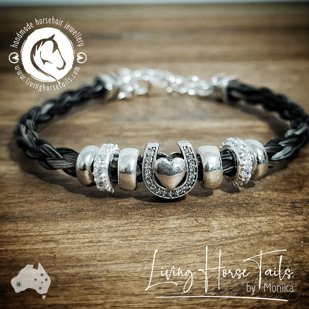Living Horse Tails Heart in Horseshoe Sterling Silver Horsehair bracelet Custom jewellery Monika Australia horsehair keepsake