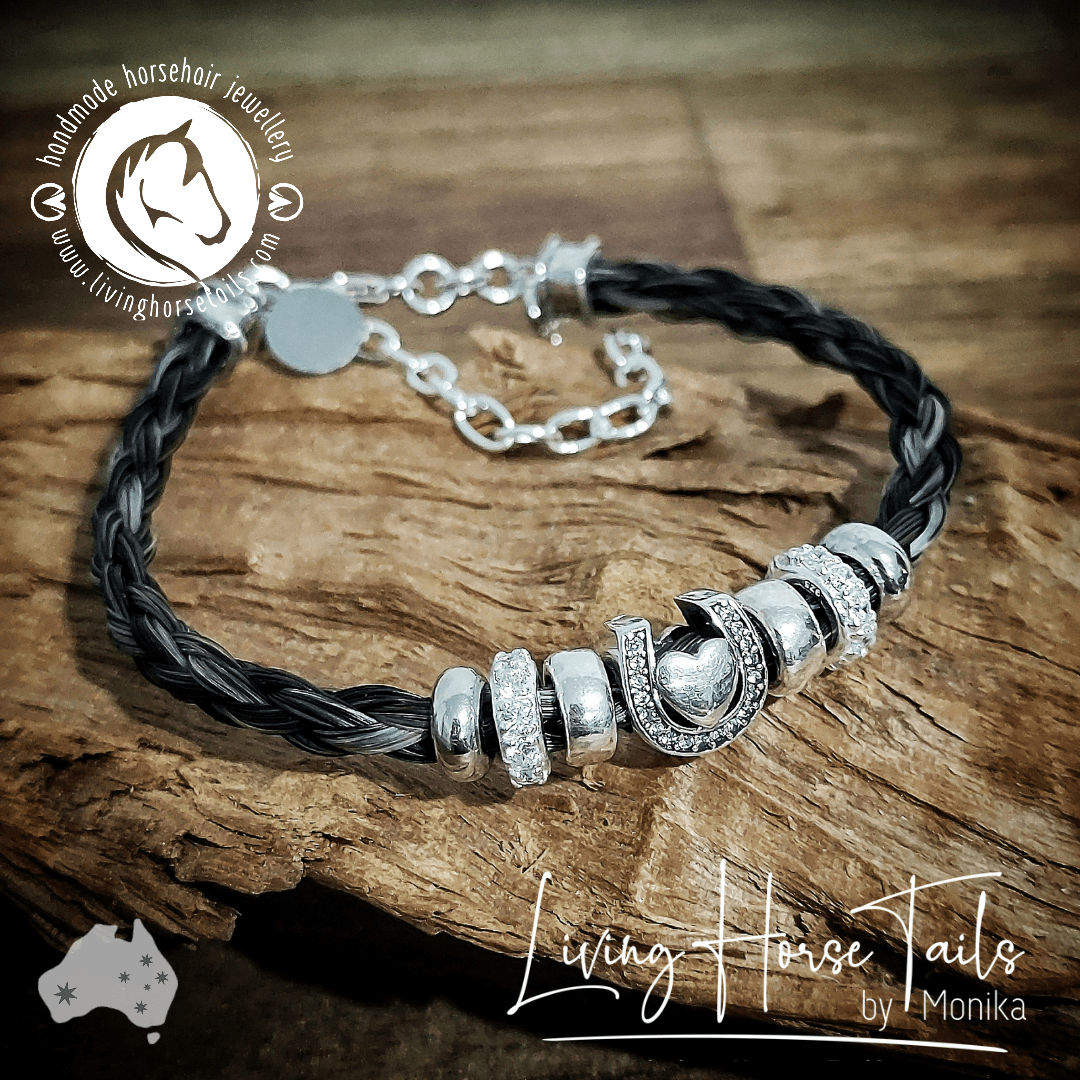 Living Horse Tails Heart in Horseshoe Sterling Silver Horsehair bracelet Custom jewellery Monika Australia horsehair keepsake