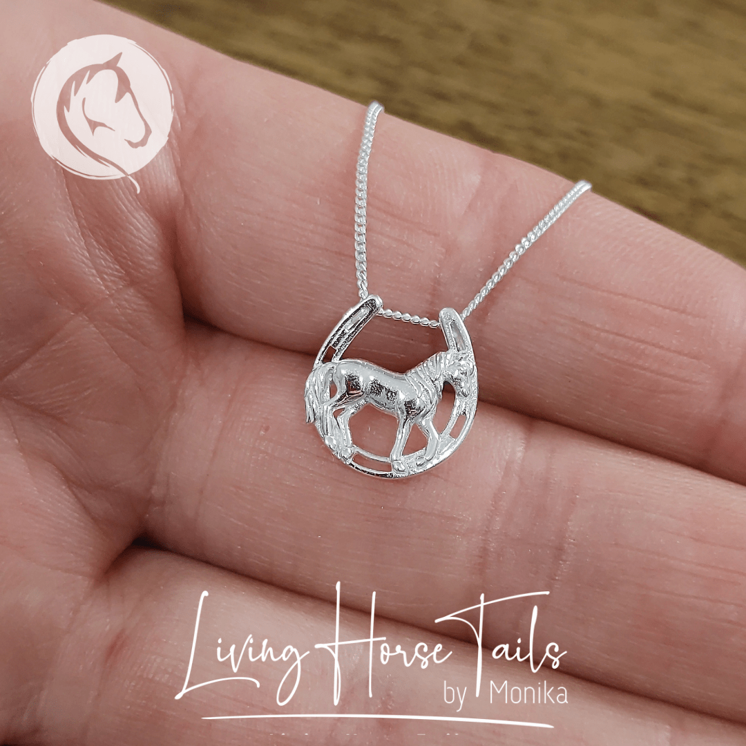 Living Horse Tails Horse in Horseshoe Sterling Silver Necklace Custom jewellery Monika Australia horsehair keepsake