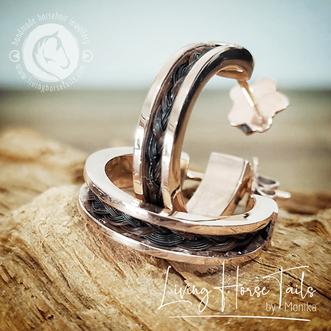 Living Horse Tails Horsehair sleeper style earrings in yellow or rose gold Custom jewellery Monika Australia horsehair keepsake