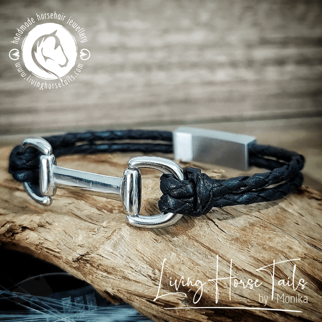 Living Horse Tails Snaffle Bit Leather Bracelet - Black Custom jewellery Monika Australia horsehair keepsake