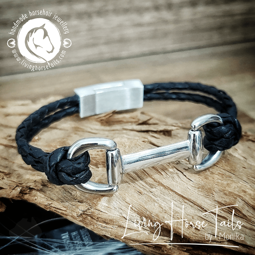 Living Horse Tails Snaffle Bit Leather Bracelet - Black Custom jewellery Monika Australia horsehair keepsake