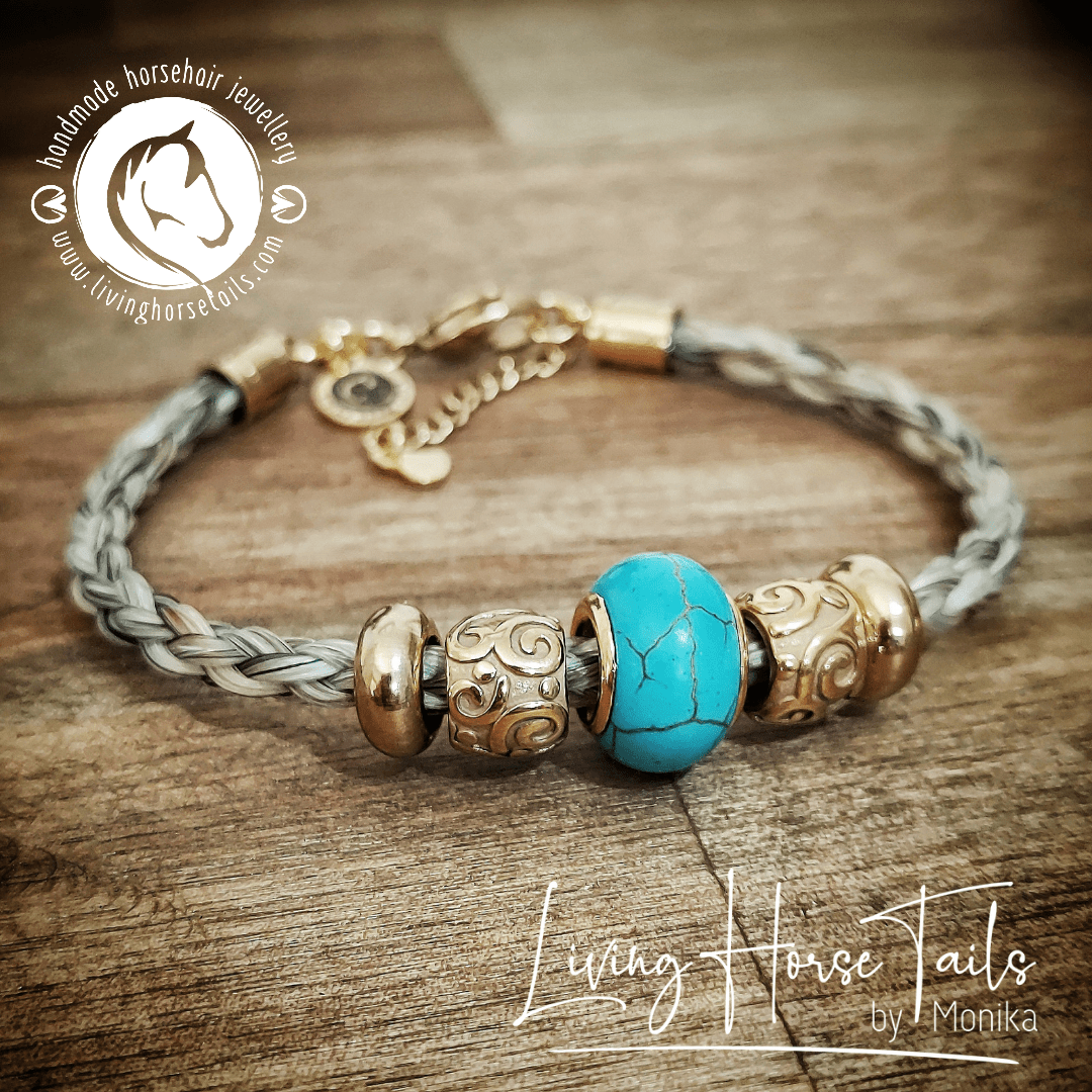 Living Horse Tails Stainless Steel Gold and Turquoise Coloured Horsehair Bracelet Custom jewellery Monika Australia horsehair keepsake
