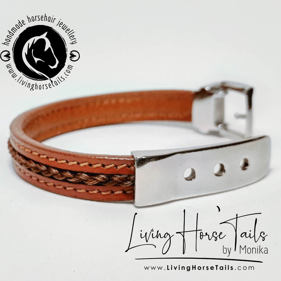 Living Horse Tails Stainless steel, stitched leather and horsehair buckle bracelet Custom jewellery Monika Australia horsehair keepsake