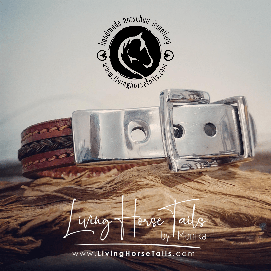 Living Horse Tails Stainless steel, stitched leather and horsehair buckle bracelet Custom jewellery Monika Australia horsehair keepsake