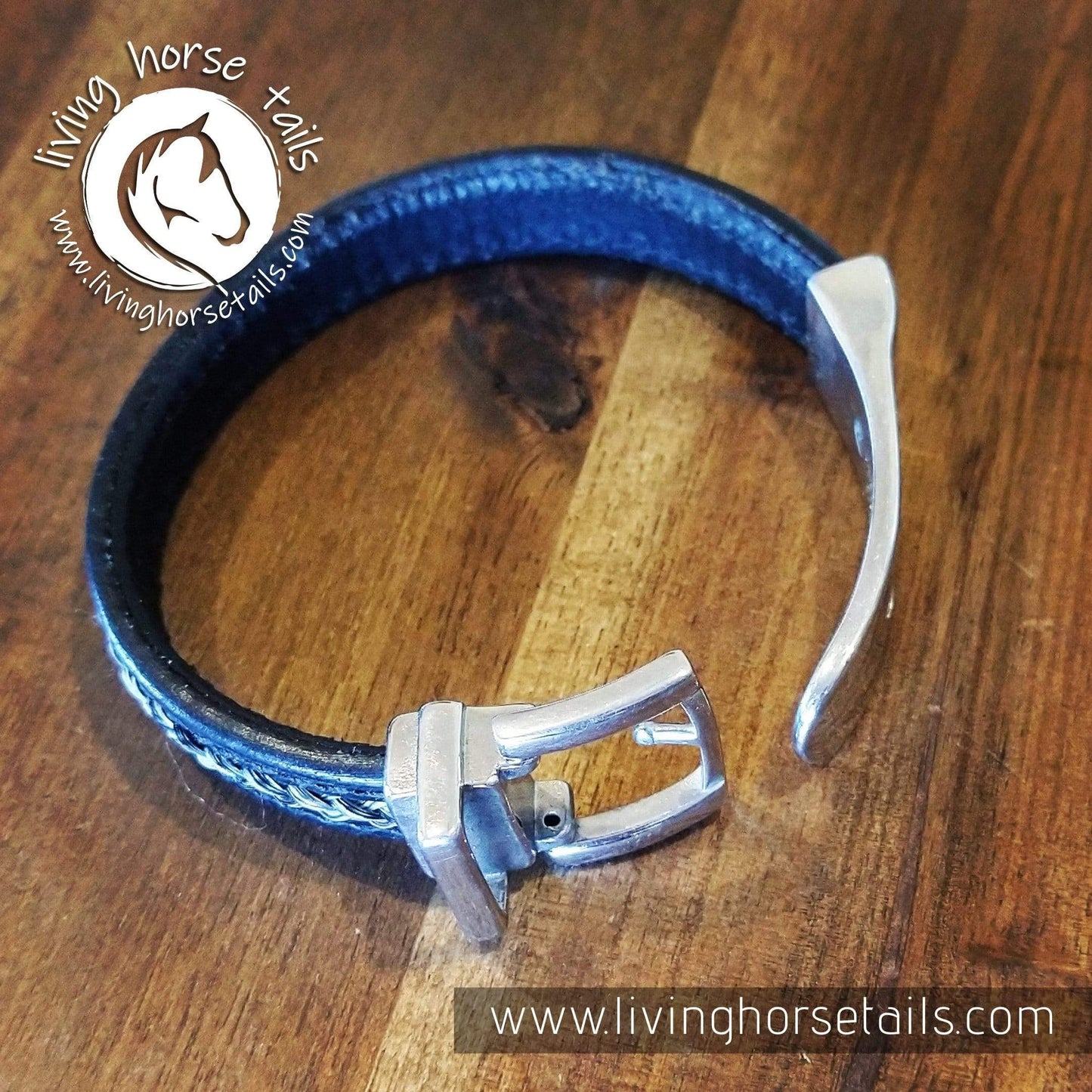 Living Horse Tails Stainless steel, stitched leather and horsehair buckle bracelet Custom jewellery Monika Australia horsehair keepsake