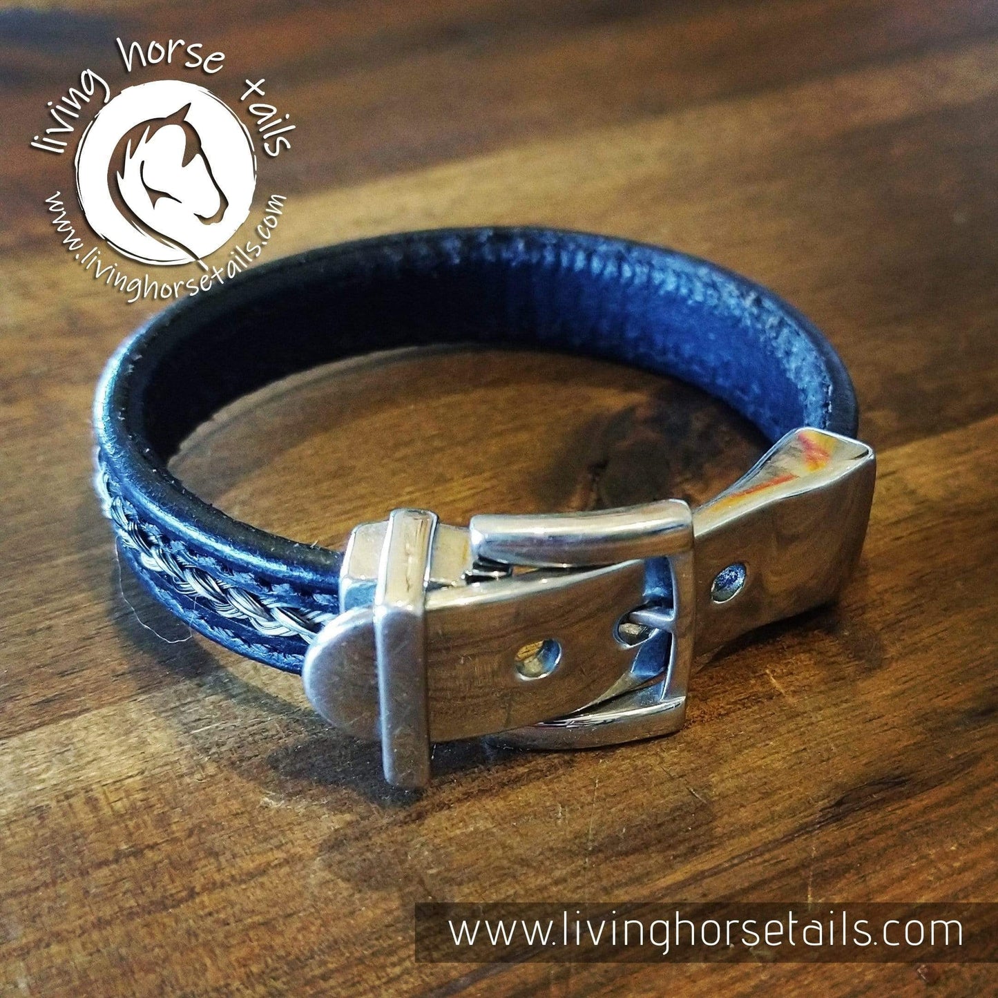 Living Horse Tails Stainless steel, stitched leather and horsehair buckle bracelet Custom jewellery Monika Australia horsehair keepsake