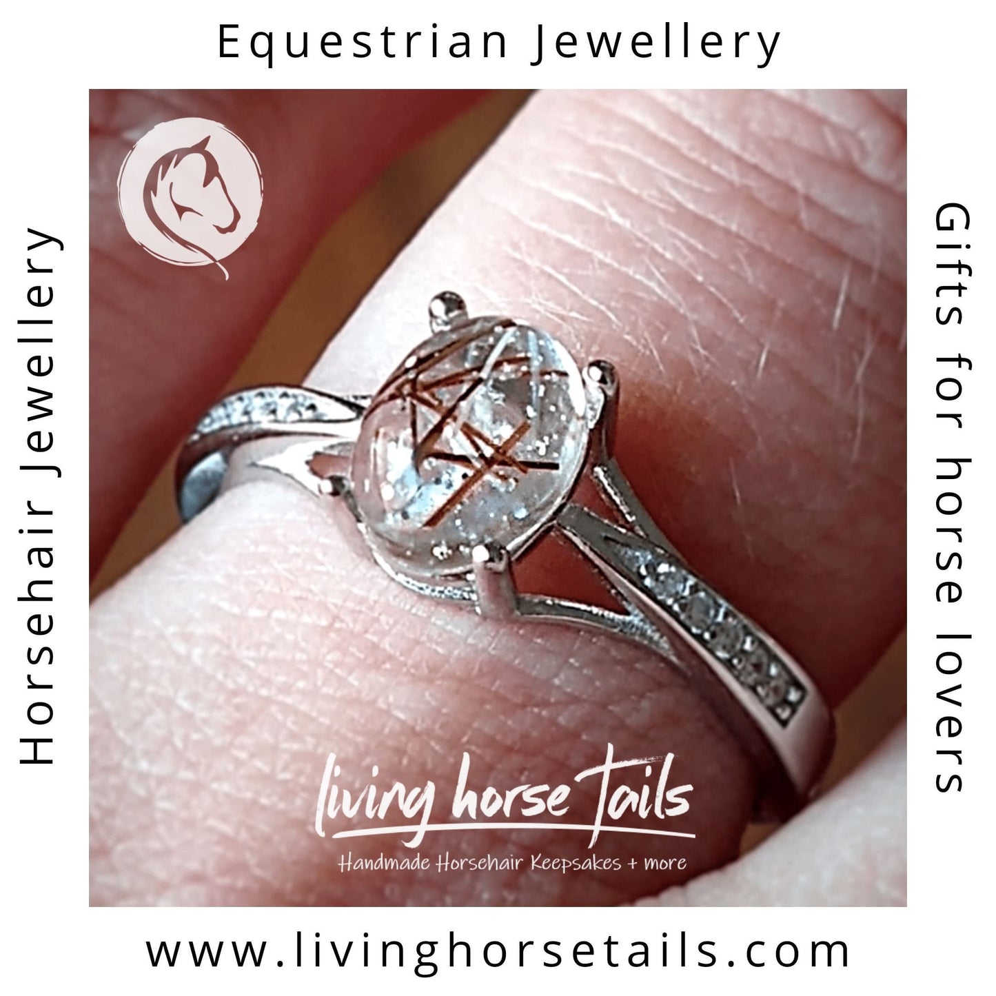 Living Horse Tails Sterling Silver and Cubic Zirconia Ring with your Horsehair Custom jewellery Monika Australia horsehair keepsake