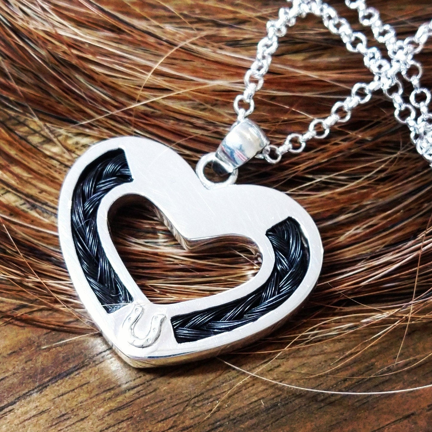 Living Horse Tails Sterling Silver Heart and Horseshoe Pendant inlaid with Horsehair Braid Custom jewellery Monika Australia horsehair keepsake