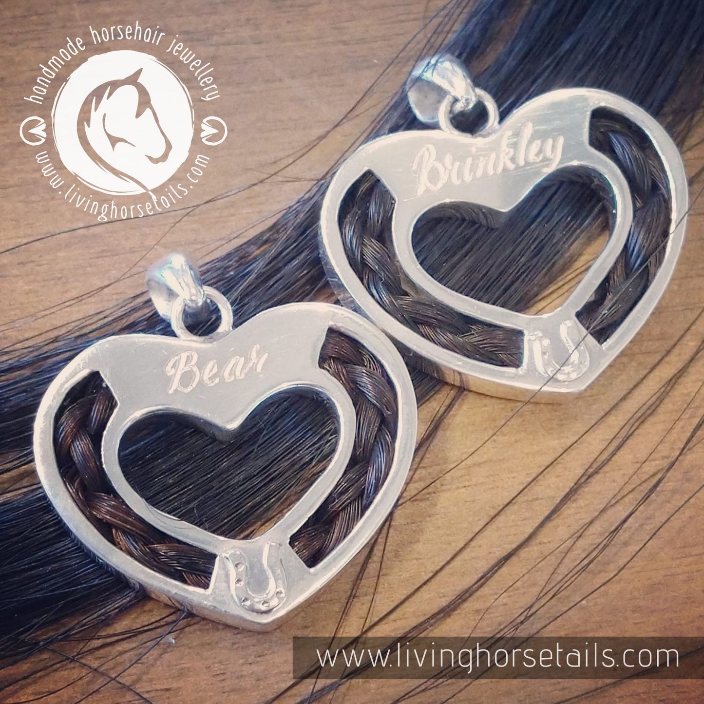 Living Horse Tails Sterling Silver Heart and Horseshoe Pendant inlaid with Horsehair Braid Custom jewellery Monika Australia horsehair keepsake