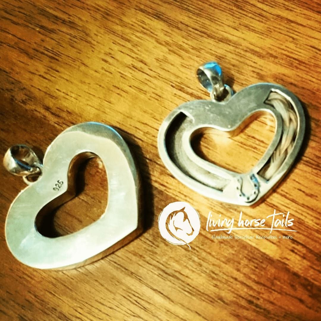 Living Horse Tails Sterling Silver Heart and Horseshoe Pendant inlaid with Horsehair Braid Custom jewellery Monika Australia horsehair keepsake