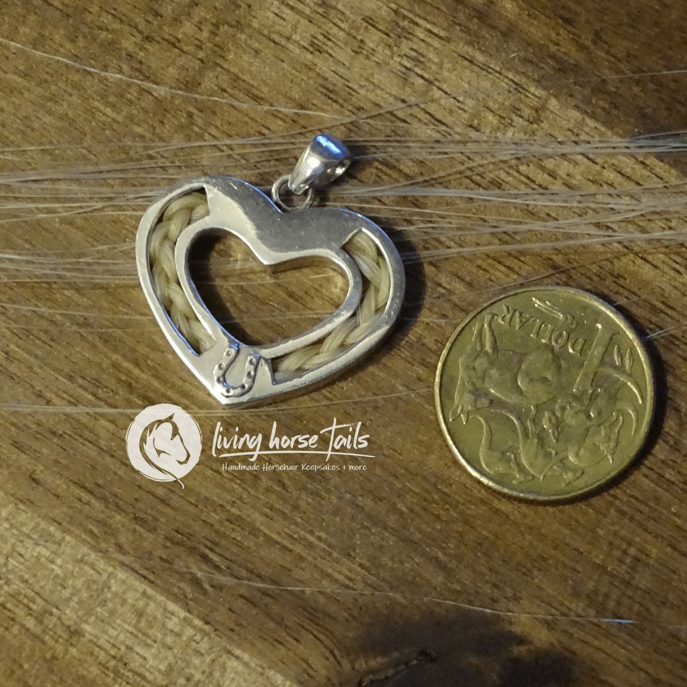 Living Horse Tails Sterling Silver Heart and Horseshoe Pendant inlaid with Horsehair Braid Custom jewellery Monika Australia horsehair keepsake
