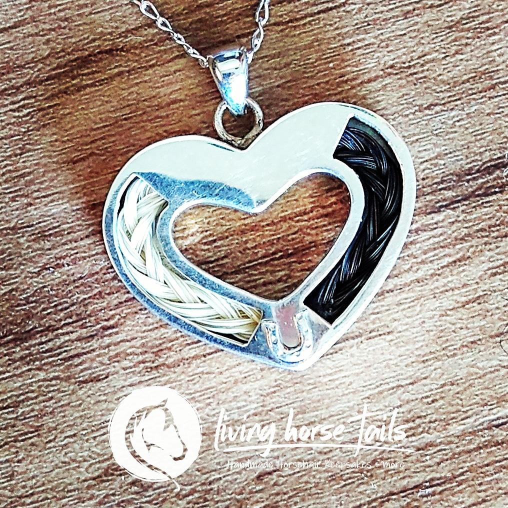 Living Horse Tails Sterling Silver Heart and Horseshoe Pendant inlaid with Horsehair Braid Custom jewellery Monika Australia horsehair keepsake