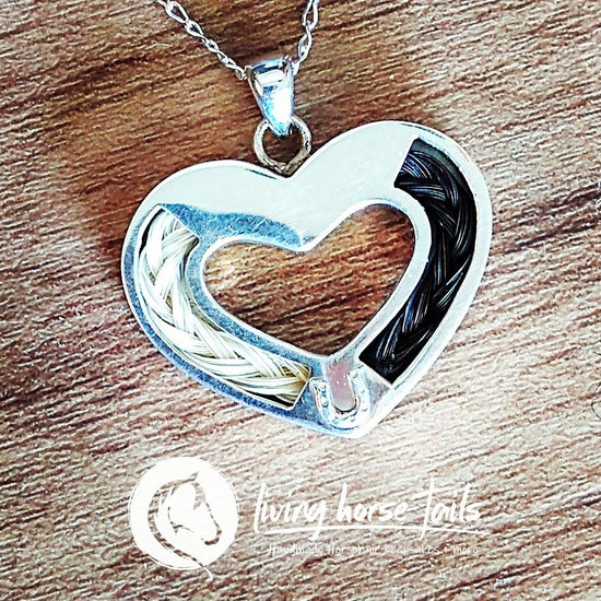 Living Horse Tails Sterling Silver Heart and Horseshoe Pendant inlaid with Horsehair Braid Custom jewellery Monika Australia horsehair keepsake