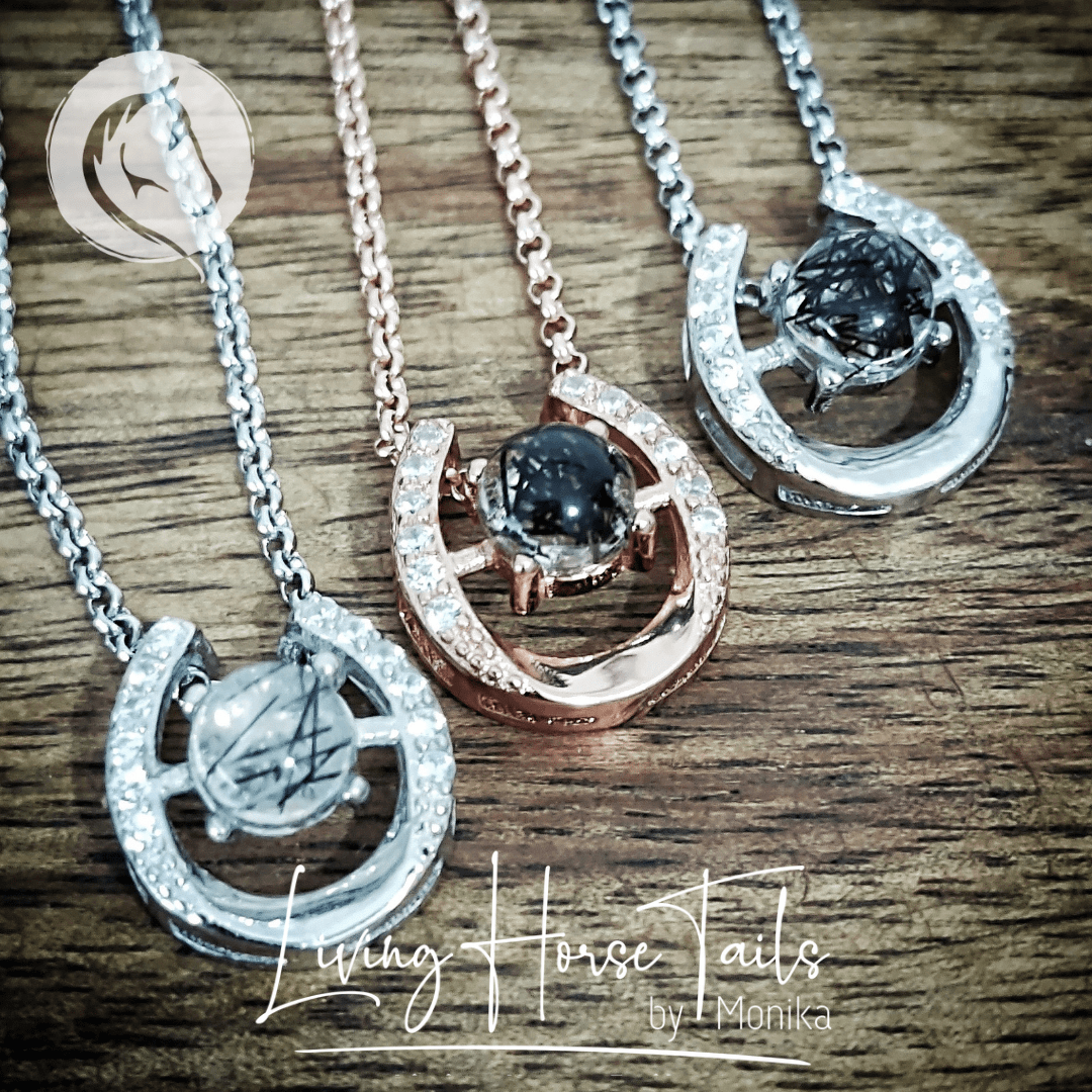 Living Horse Tails Sterling Silver Horseshoe Horsehair Resin Pendant Necklace Custom jewellery Monika Australia horsehair keepsake