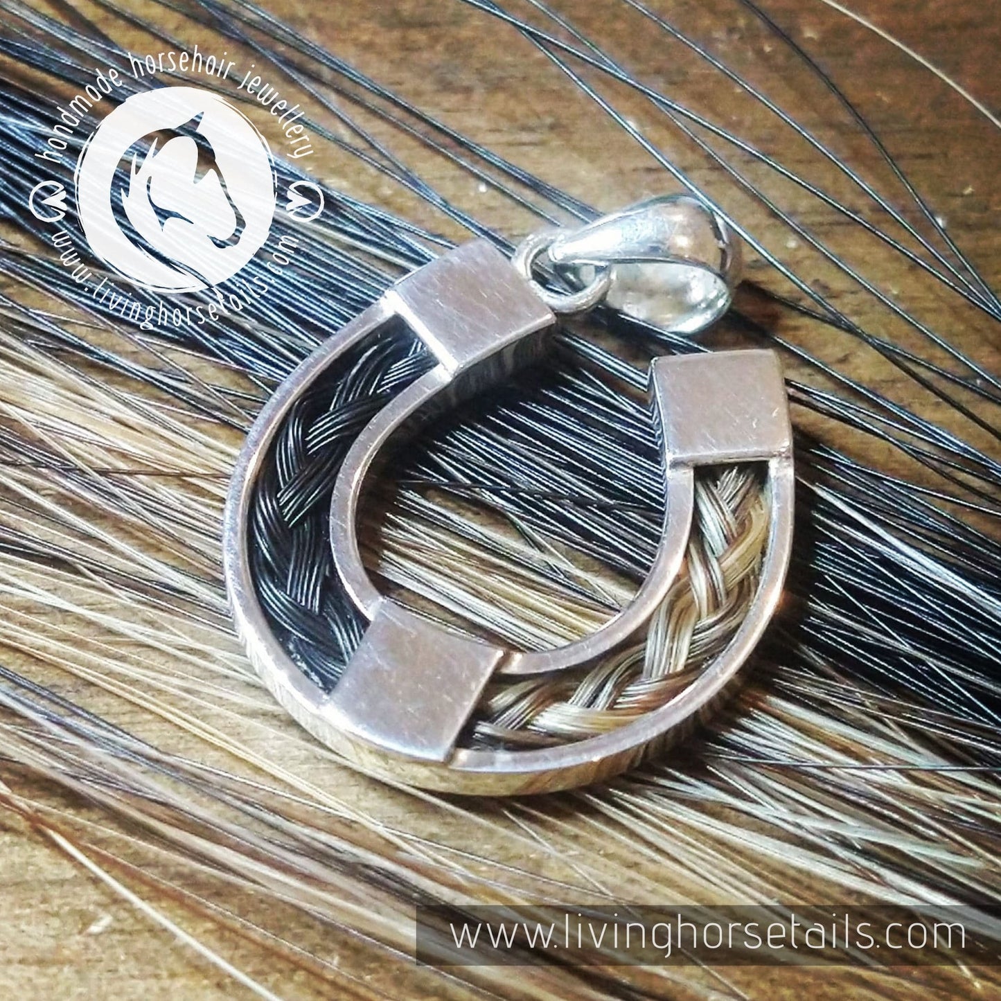 Living Horse Tails Sterling Silver Horseshoe Pendant inlaid with Horse Hair Braid Custom jewellery Monika Australia horsehair keepsake