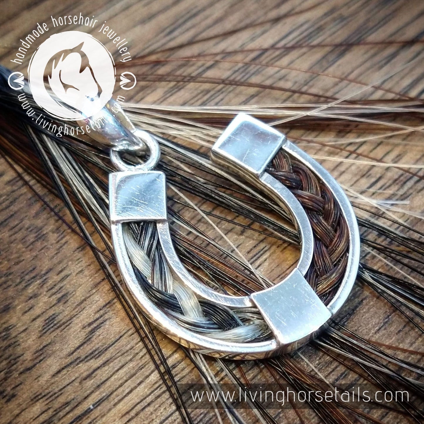 Living Horse Tails Sterling Silver Horseshoe Pendant inlaid with Horse Hair Braid Custom jewellery Monika Australia horsehair keepsake
